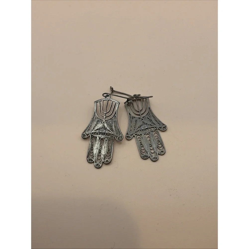 Vtg 925 Sterling Silver Filigree‎ Hamsa Menorah Dangle Earrings Israel Judaica